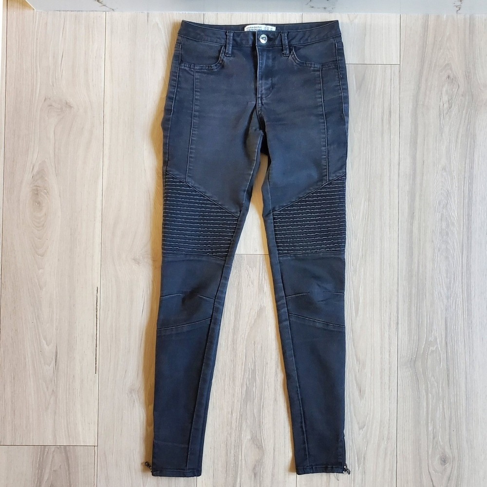Zara Jeans Women Size 2 Black Moto Biker Skinny Ankle Zip Ribbed Z1975 Denim